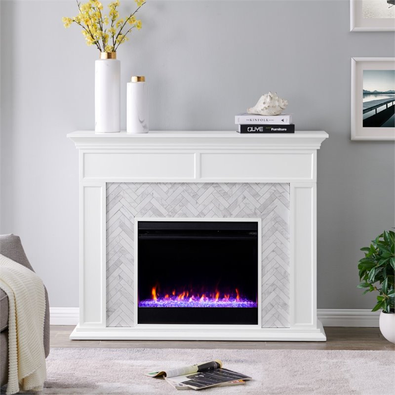 Pemberly Row Contemporary Tiled Marble Color Changing Electric Fireplace