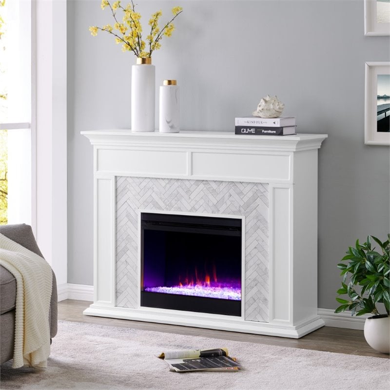 Pemberly Row Contemporary Tiled Marble Color Changing Electric Fireplace