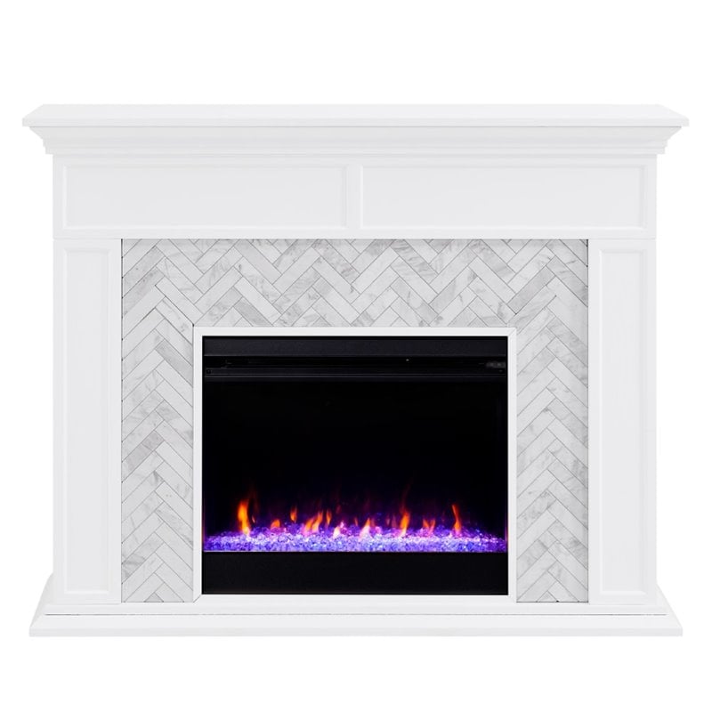 Pemberly Row Contemporary Tiled Marble Color Changing Electric Fireplace