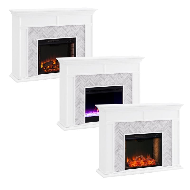 Pemberly Row Contemporary Tiled Marble Color Changing Electric Fireplace
