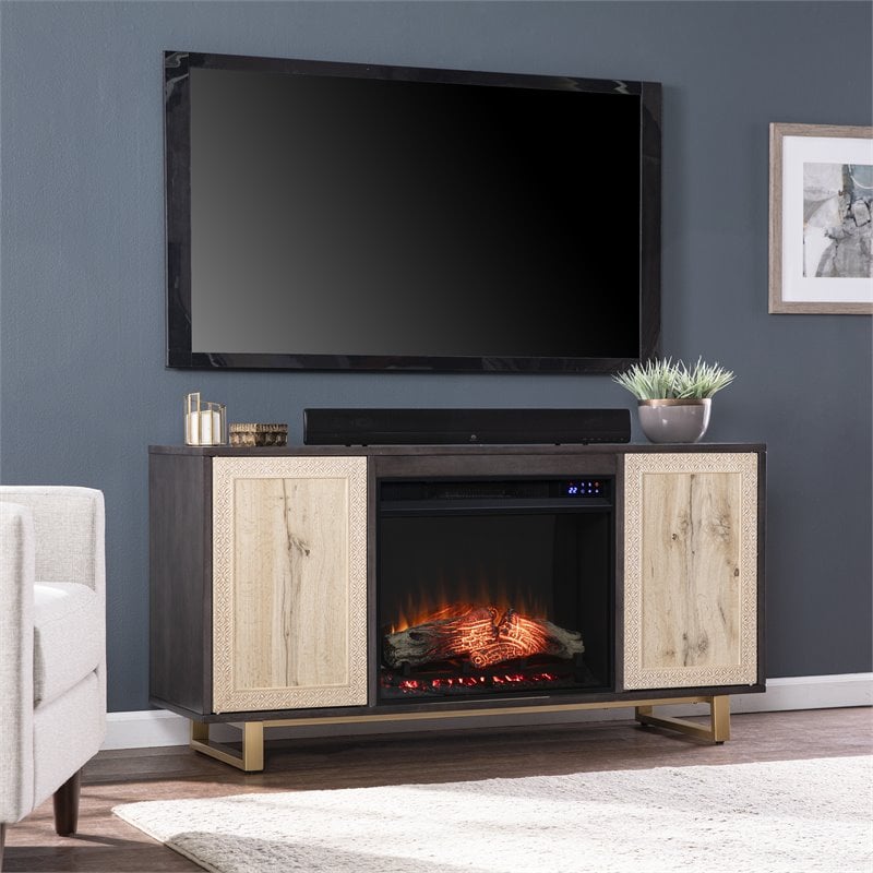 Pemberly Row Transitional Wood Electric Media Fireplace in Brown