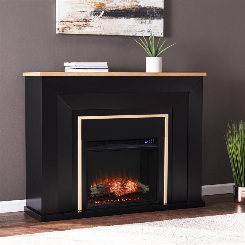Pemberly Row Traditional Wood Electric Fireplace in Black Finish