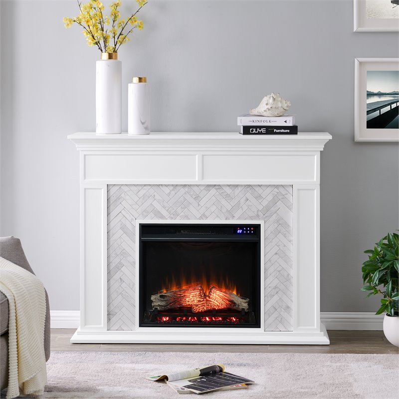 Pemberly Row Contemporary Wood-Marble Tiled Electric Fireplace in White