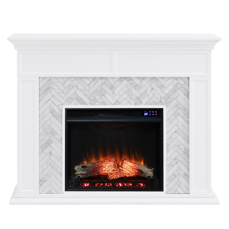 Pemberly Row Contemporary Wood-Marble Tiled Electric Fireplace in White