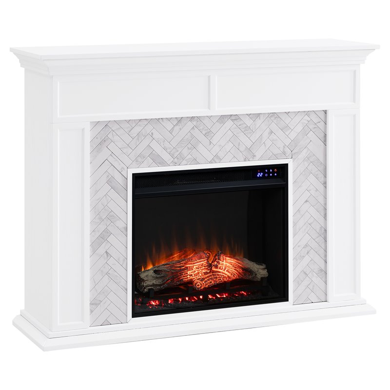Pemberly Row Contemporary Wood-Marble Tiled Electric Fireplace in White