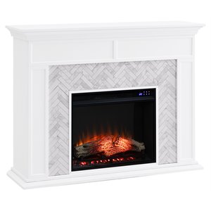 Pemberly Row Contemporary Wood-Marble Tiled Electric Fireplace in White