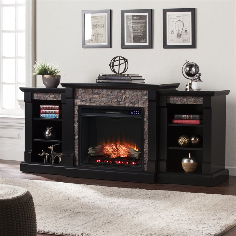 Pemberly Row Traditional Wood Electric Fireplace with Bookcase in Black