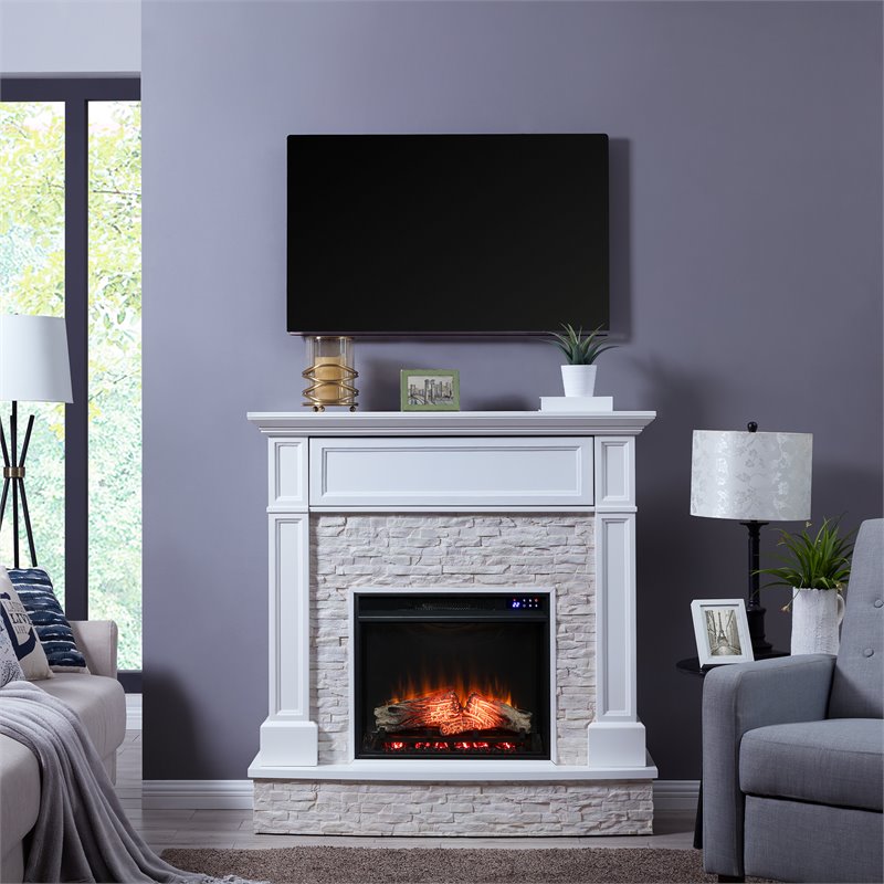 Pemberly Row Wood-Faux Stone Electric Media Fireplace in White