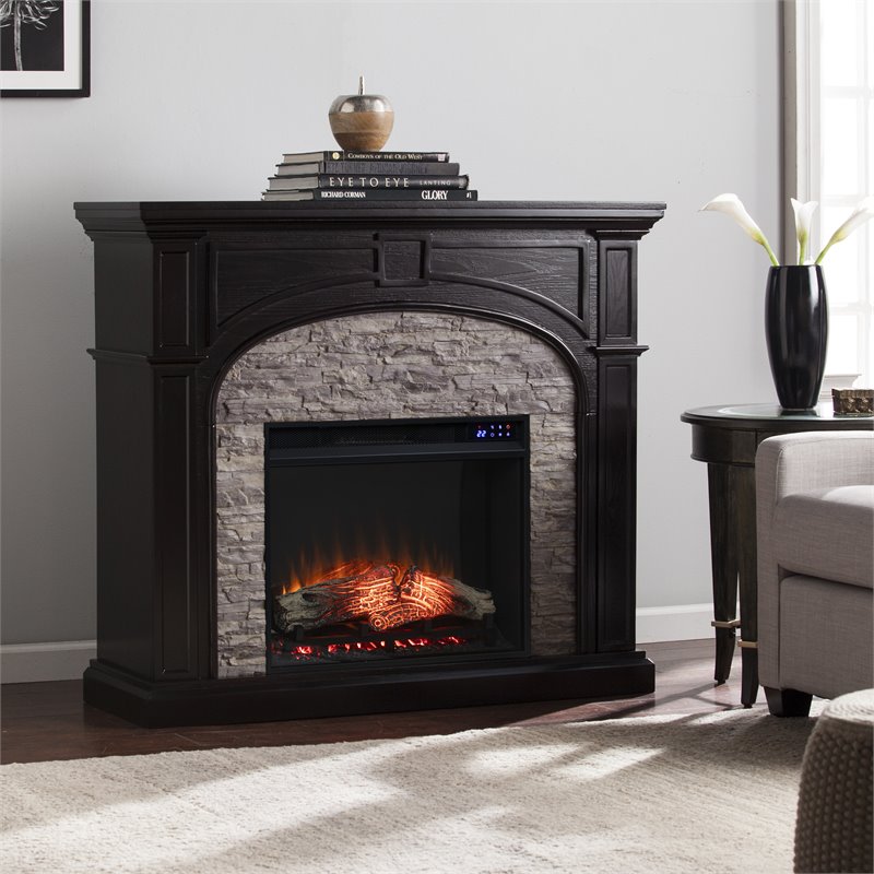 Pemberly Row Wood and Faux Stone Electric Fireplace in Brown