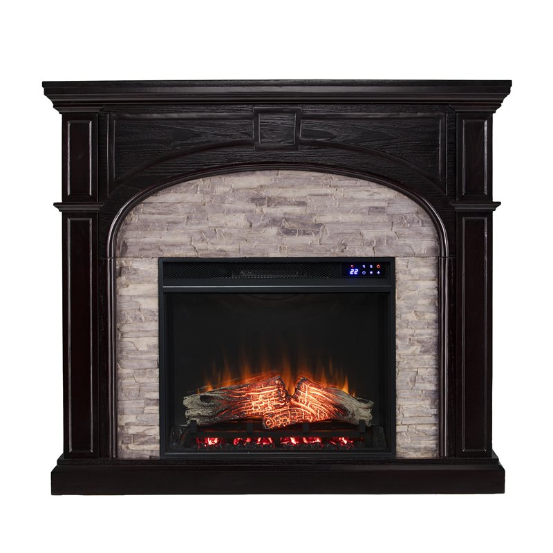 Pemberly Row Wood and Faux Stone Electric Fireplace in Brown