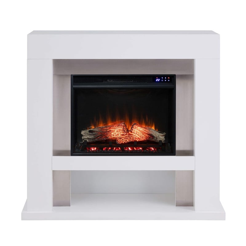 Pemberly Row Wood-Stainless Steel Electric Fireplace in White