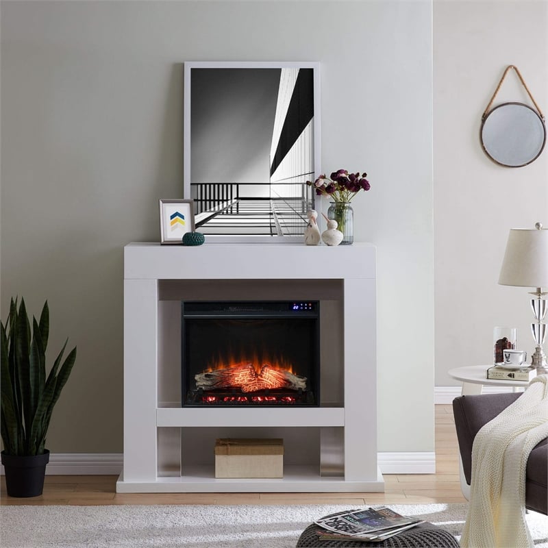 Pemberly Row Wood-Stainless Steel Electric Fireplace in White