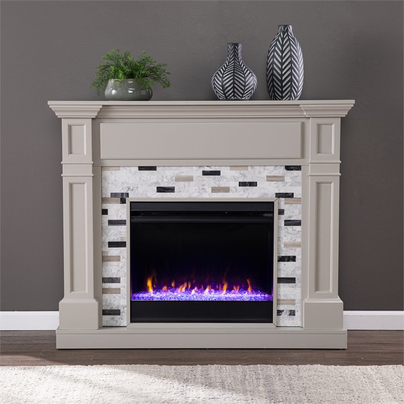 Pemberly Row Contemporary Wood Color Changing Electric Fireplace in Gray