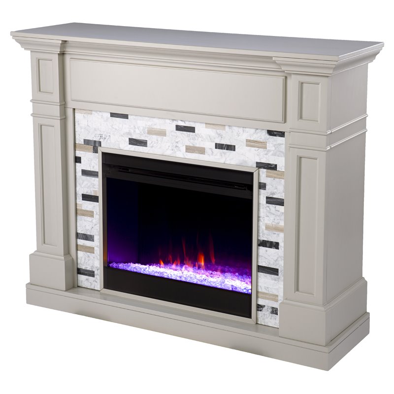 Pemberly Row Contemporary Wood Color Changing Electric Fireplace in Gray