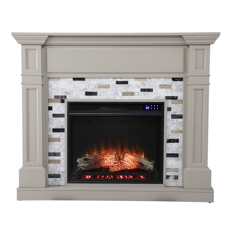 Pemberly Row Contemporary Wood-Marble Electric Fireplace in Gray