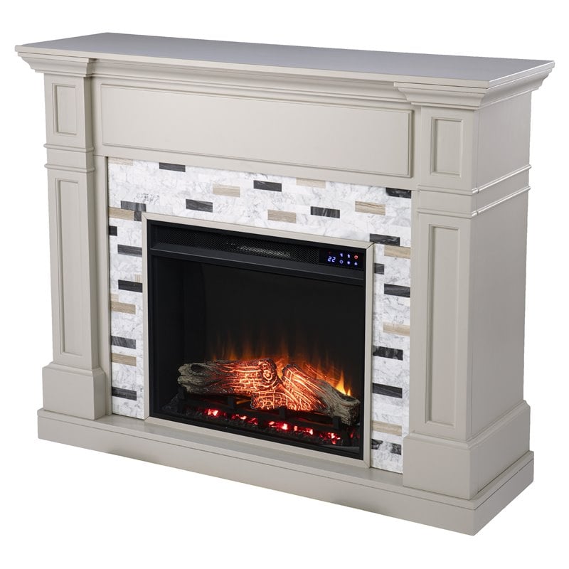 Pemberly Row Contemporary Wood-Marble Electric Fireplace in Gray