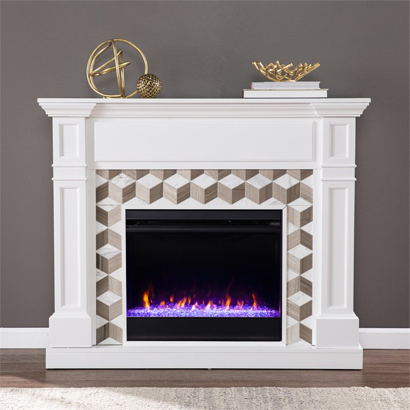 Pemberly Row Transitional Wood-Marble Color Changing Fireplace in White