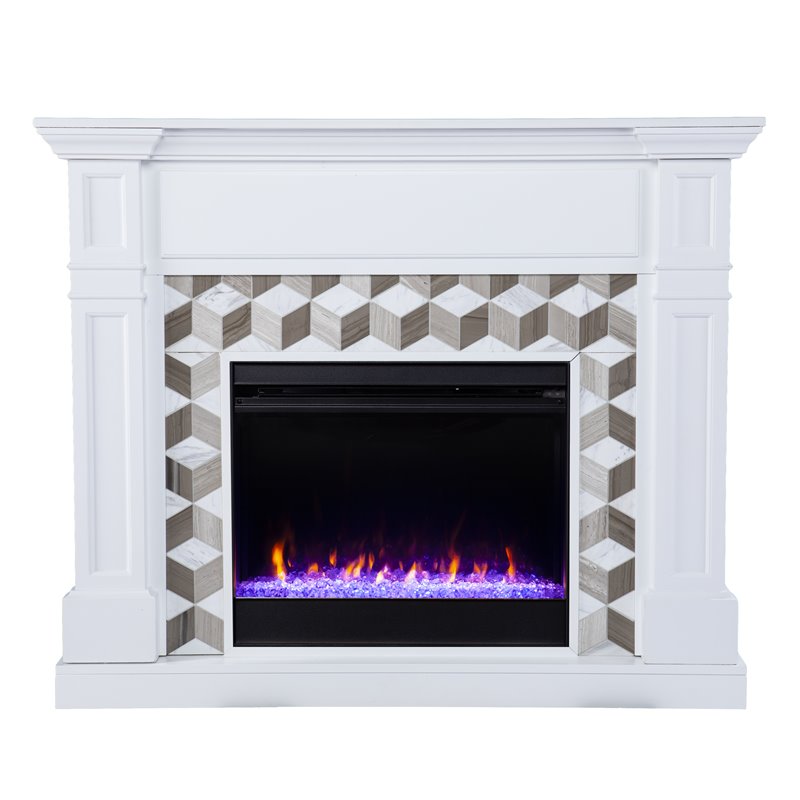 Pemberly Row Transitional Wood-Marble Color Changing Fireplace in White