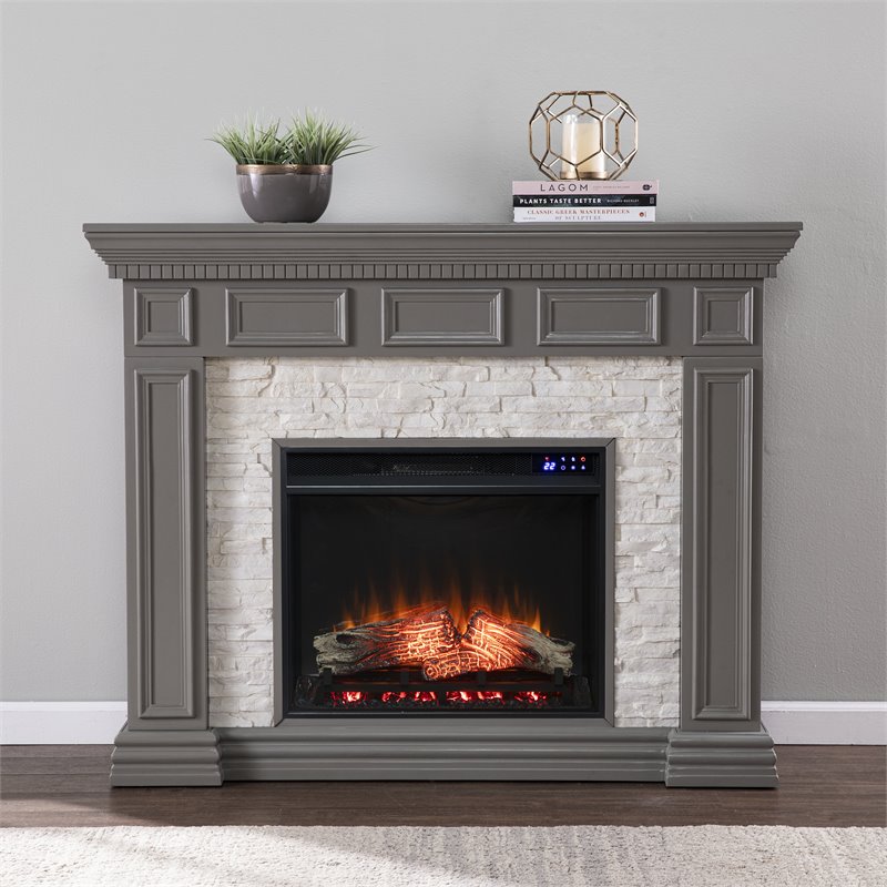Pemberly Row Traditional Wood-Faux Stone Electric Fireplace in Gray