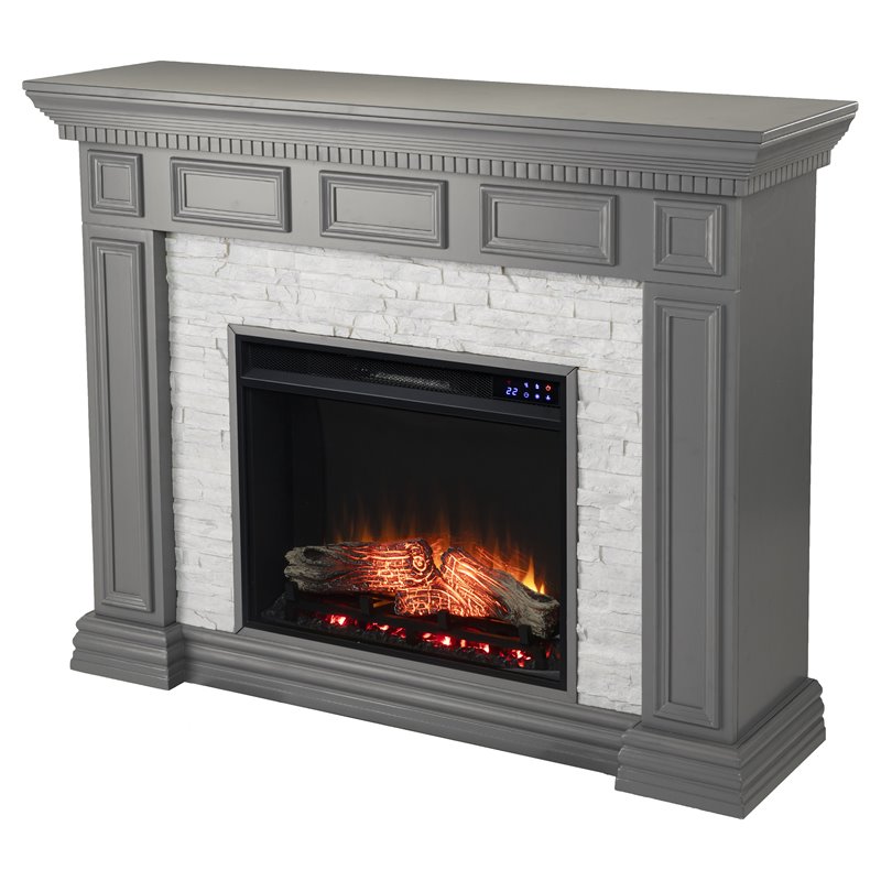 Pemberly Row Traditional Wood-Faux Stone Electric Fireplace in Gray