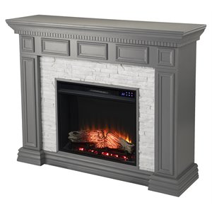 Pemberly Row Traditional Wood-Faux Stone Electric Fireplace in Gray