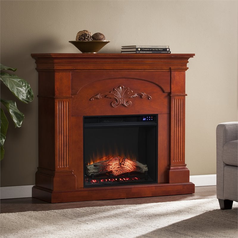 Pemberly Row Traditional Touch Screen Electric Fireplace in Mahogany