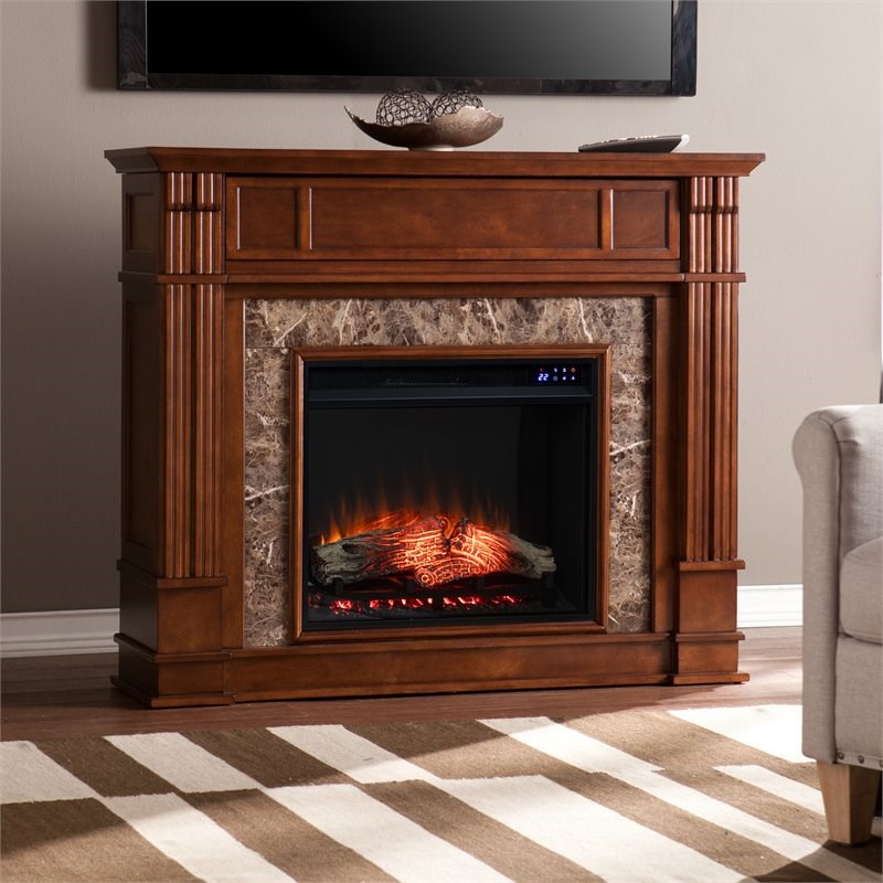 Pemberly Row Media Touch Screen Electric Fireplace in Whiskey Maple