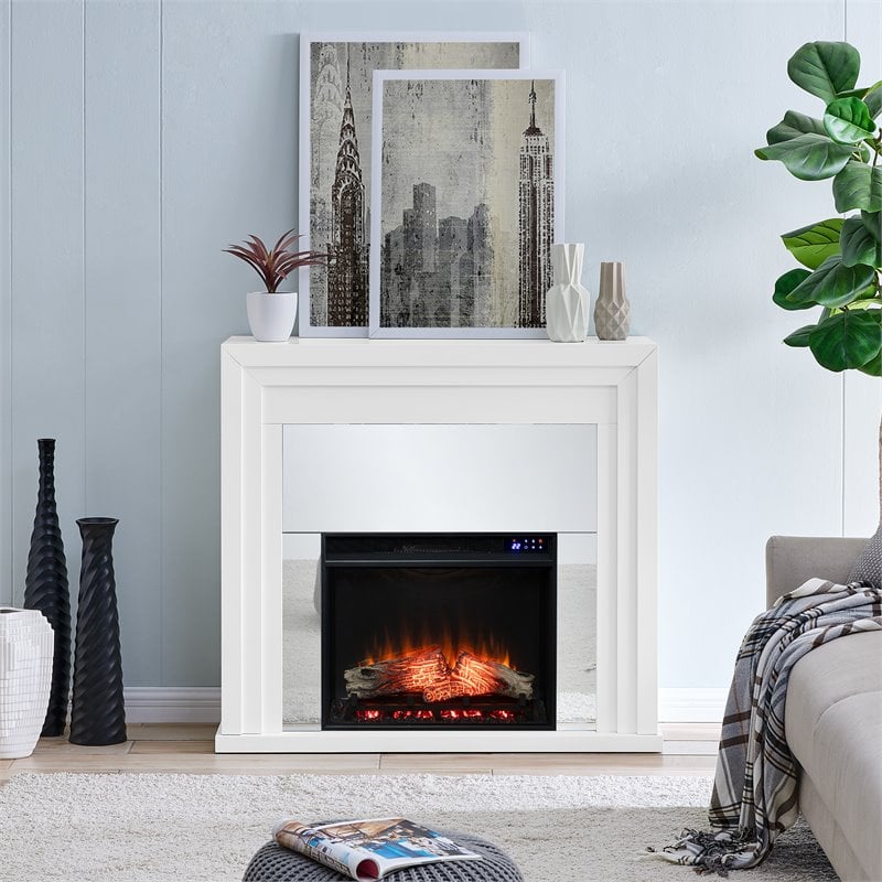 Pemberly Row Mirrored Touch Screen Electric Fireplace in White