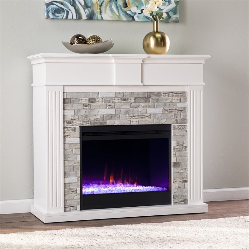 Pemberly Row Faux Stone/Wood Color Changing Fireplace in White/Gray