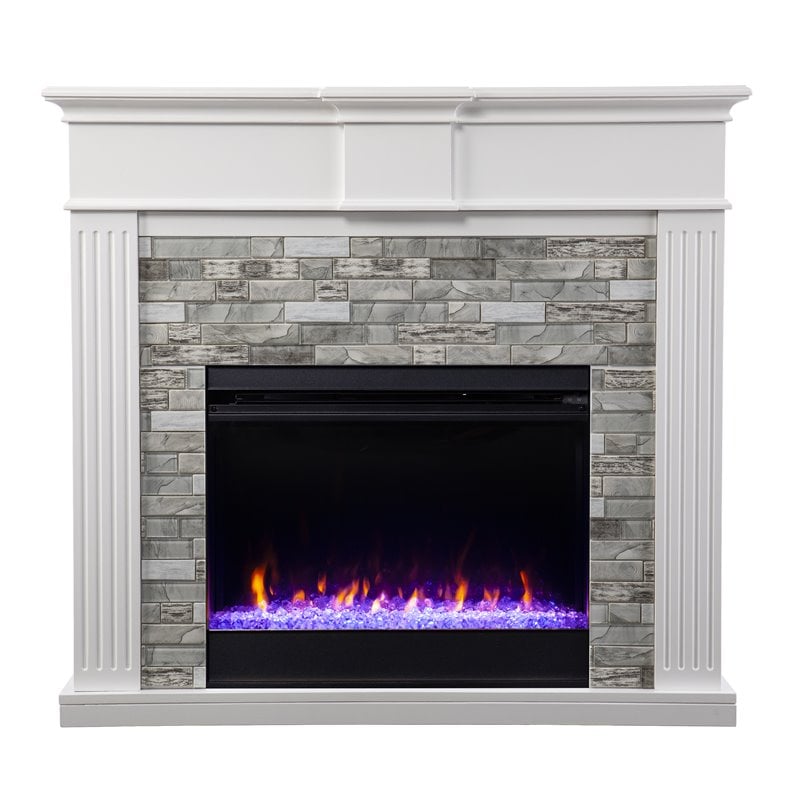 Pemberly Row Faux Stone/Wood Color Changing Fireplace in White/Gray