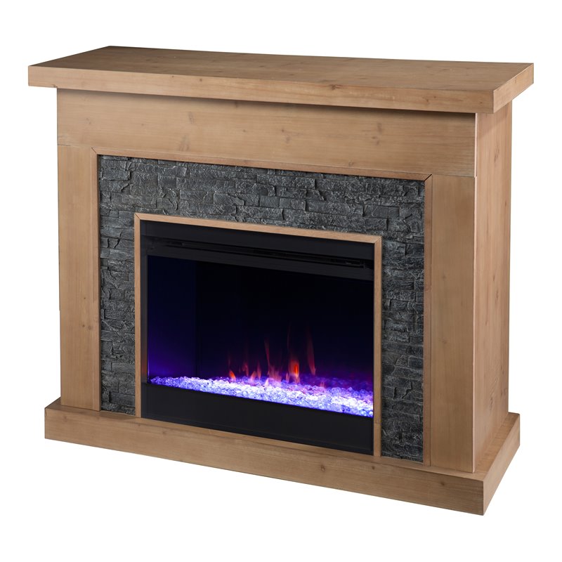 Pemberly Row Faux Stone/Wood Color Changing Fireplace in Natural/Gray