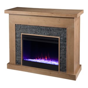 Pemberly Row Faux Stone/Wood Color Changing Fireplace in Natural/Gray