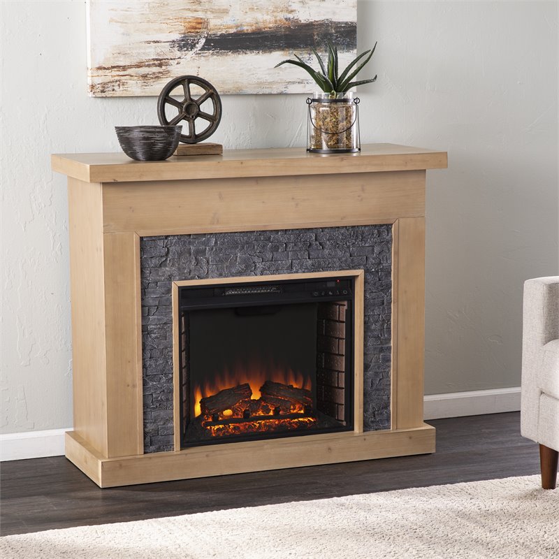 Pemberly Row Faux Stone/Engineered Wood Electric Fireplace in Natural