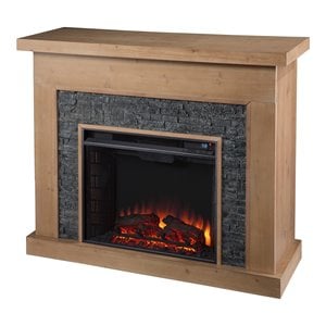 Pemberly Row Faux Stone/Engineered Wood Electric Fireplace in Natural