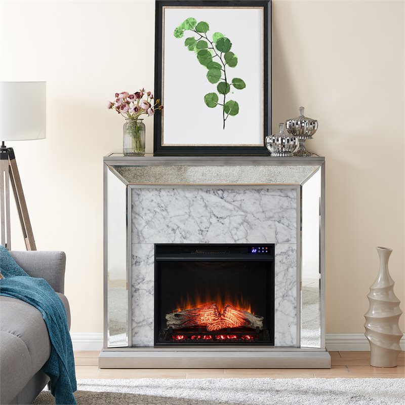 Pemberly Row Mirrored Touch Screen Wood Electric Fireplace in Silver