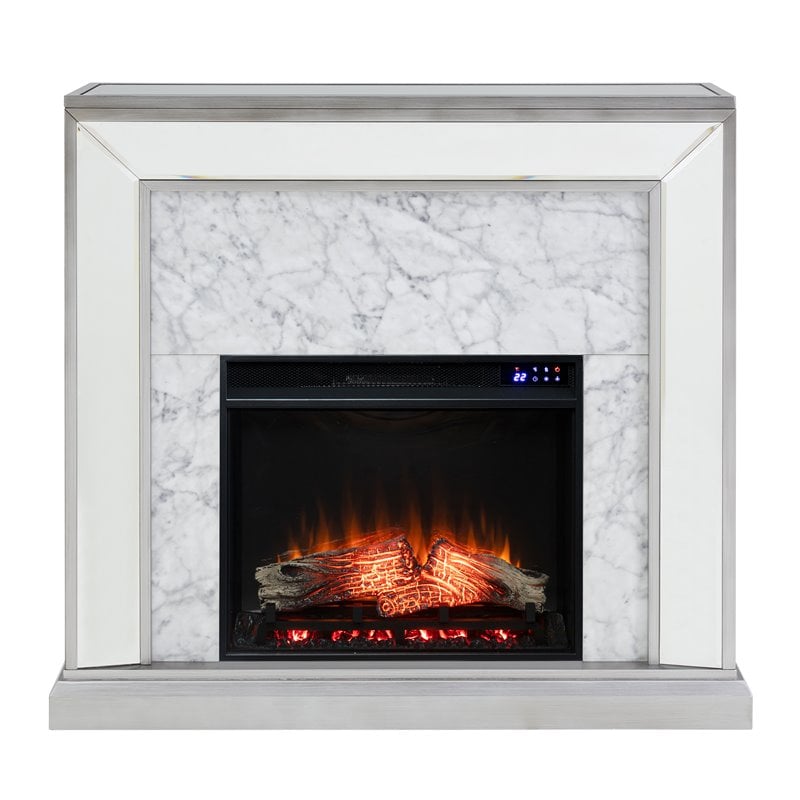Pemberly Row Mirrored Touch Screen Wood Electric Fireplace in Silver