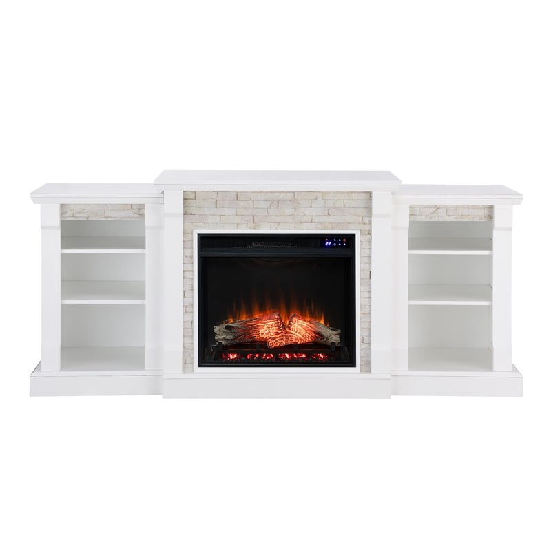 Pemberly Row Touch Screen Wood Bookcases Electric Fireplace in White