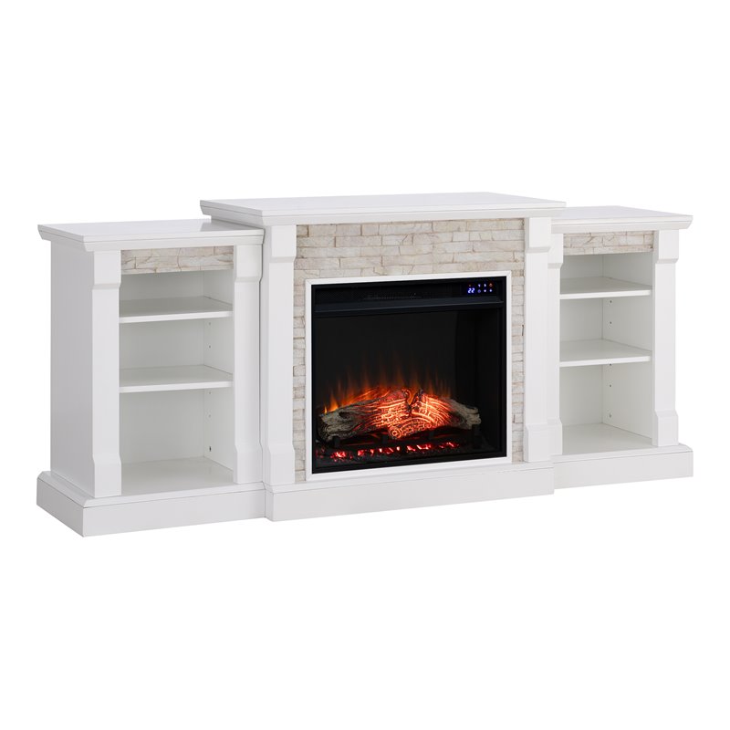 Pemberly Row Touch Screen Wood Bookcases Electric Fireplace in White