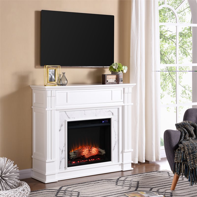Pemberly Row Touch Screen Wood Electric Media Fireplace in White