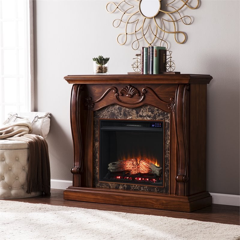 Pemberly Row Touch Screen Engineered Wood Electric Fireplace in Walnut