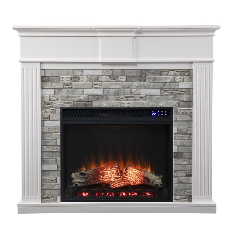 Pemberly Row Touch Screen Wood Electric Fireplace in White/Gray