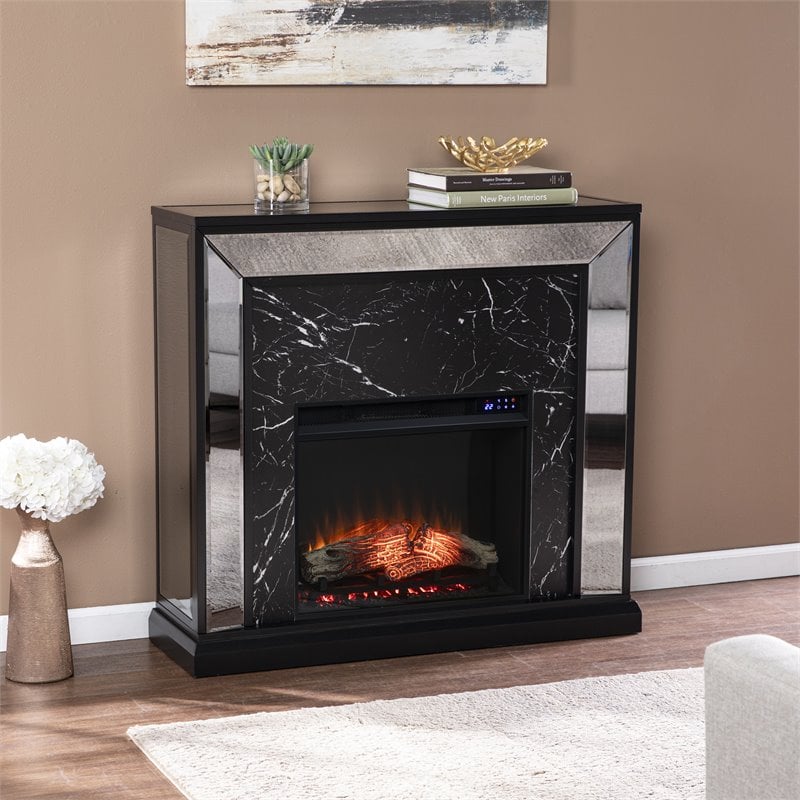 Pemberly Row Mirrored Touch Screen Wood Fireplace in Black/Silver