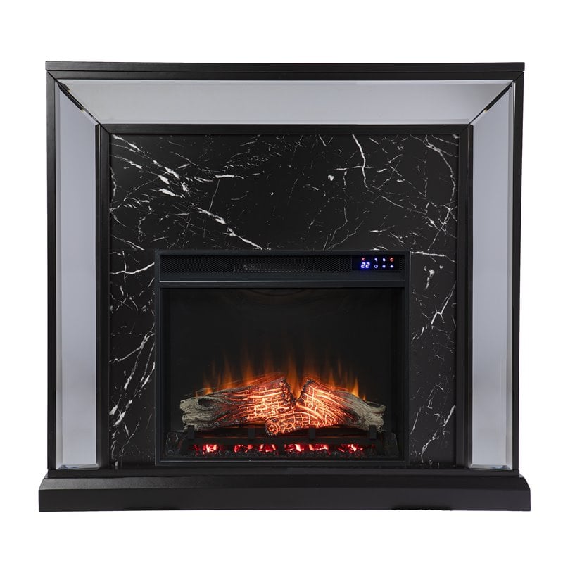 Pemberly Row Mirrored Touch Screen Wood Fireplace in Black/Silver