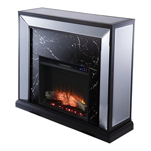 Pemberly Row Mirrored Touch Screen Wood Fireplace in Black/Silver