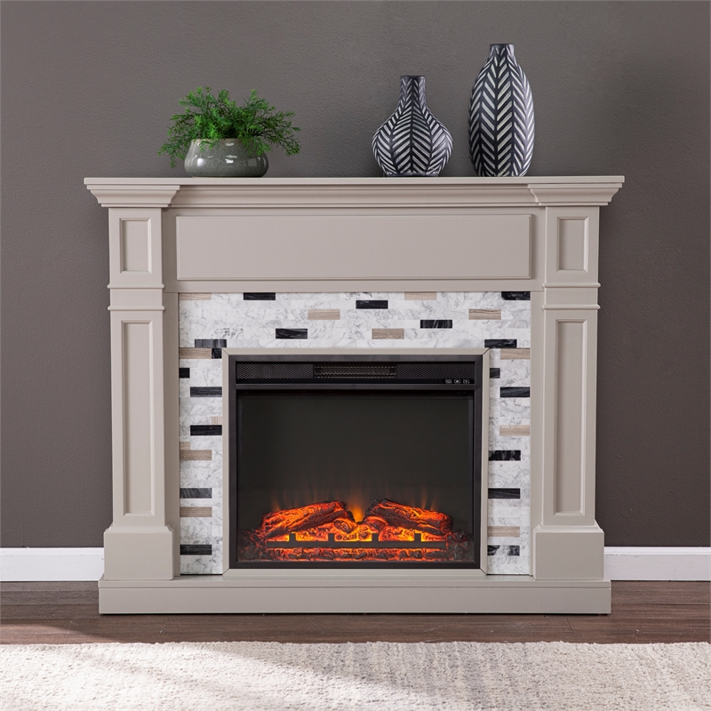 Pemberly Row Traditional Engineered Wood Electric Fireplace in Gray