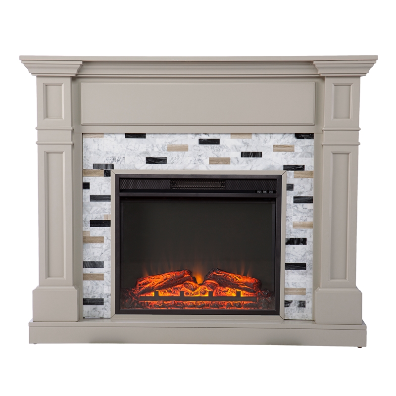 Pemberly Row Traditional Engineered Wood Electric Fireplace in Gray