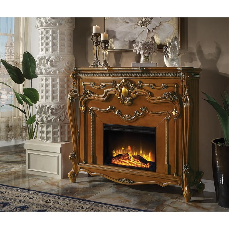 Pemberly Row Electric Wood Fireplace with Scrolled Legs in Honey Oak