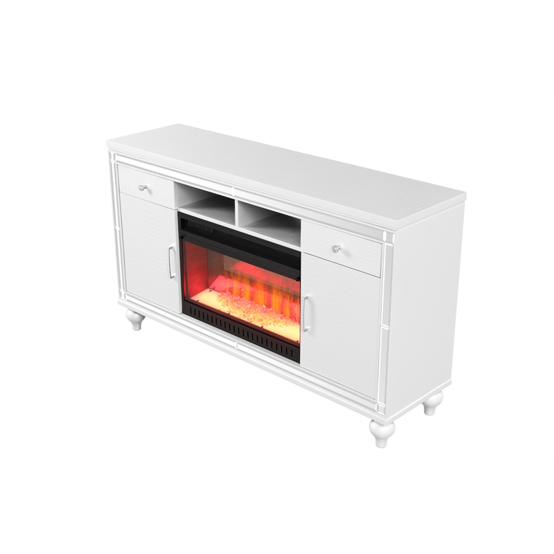 Pemberly Row Solid Wood TV Stand With Electric Fireplace in White
