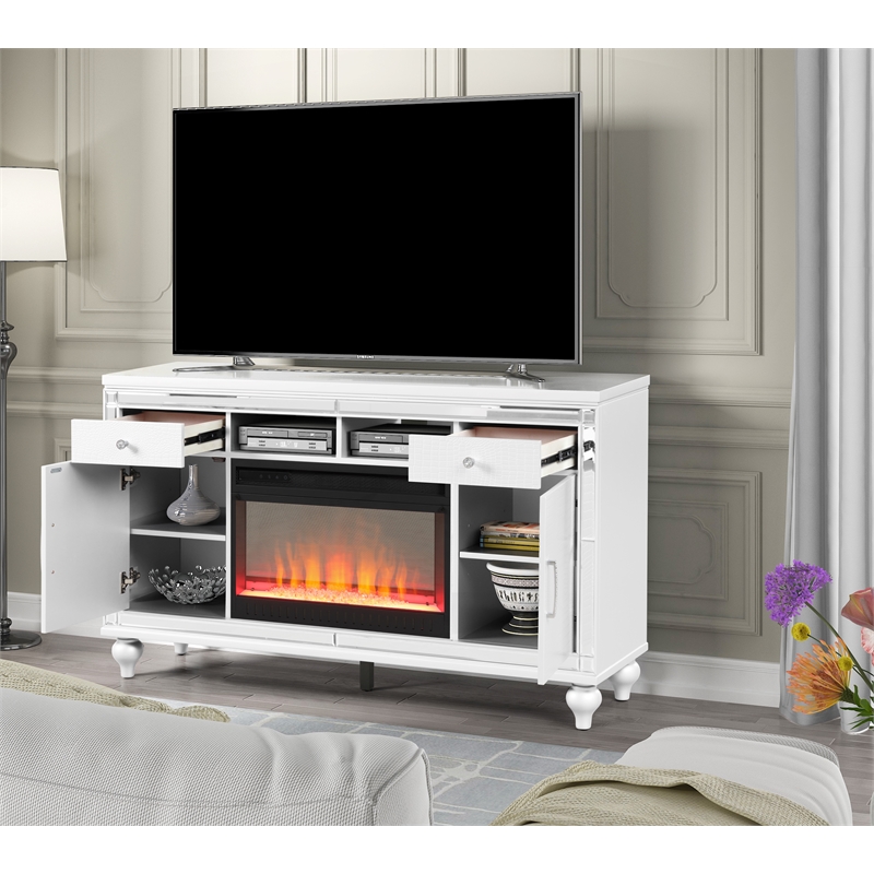 Pemberly Row Solid Wood TV Stand With Electric Fireplace in White