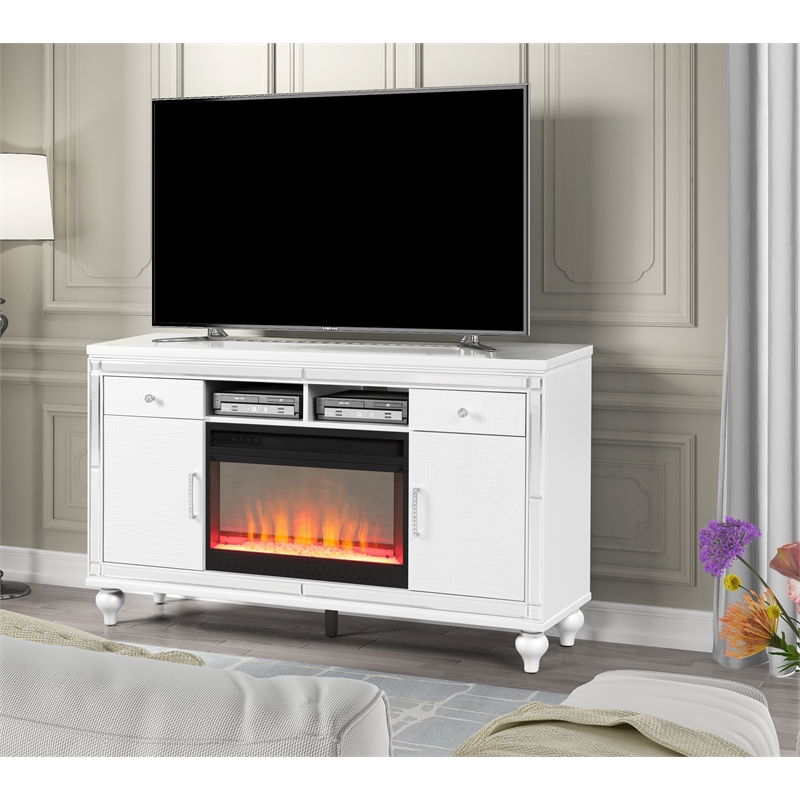 Pemberly Row Solid Wood TV Stand With Electric Fireplace in White